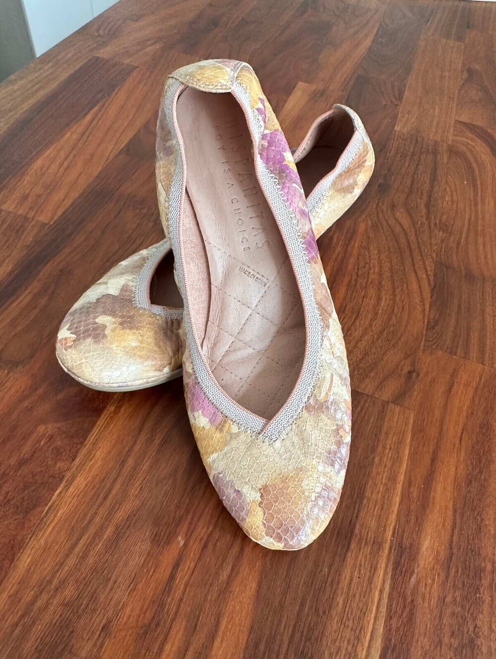 Hispanitas Women's Leather Snake Print Floral Pattern Wedge Ballet Flats - 38